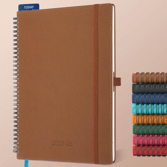 Planner 2025-2026 Daily Weekly and Monthly,11.5"x8.5",18 Months Spiral Bound Calendar Agenda with Self-adhesive Pen Holder,2026 Academic Plan with Vegan Leather Soft Cover,Brown
