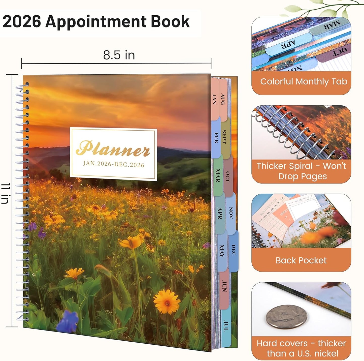 CAGIE Planner 2026 Monthly (Jan. 26-Dec. 26), 12 Month Academic Planner 8.5"x11", Large Daily Planner with Hourly Timeslot, Monthly Tab, Spiral Binding, Bookmark