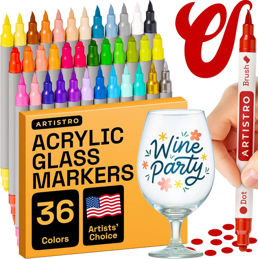 ARTISTRO 36 Wine Glass Acrylic Paint Markers - Washable Non-Toxic Dual Tip Acrylic Paint Pens for Car Window, Mirror, Ceramic