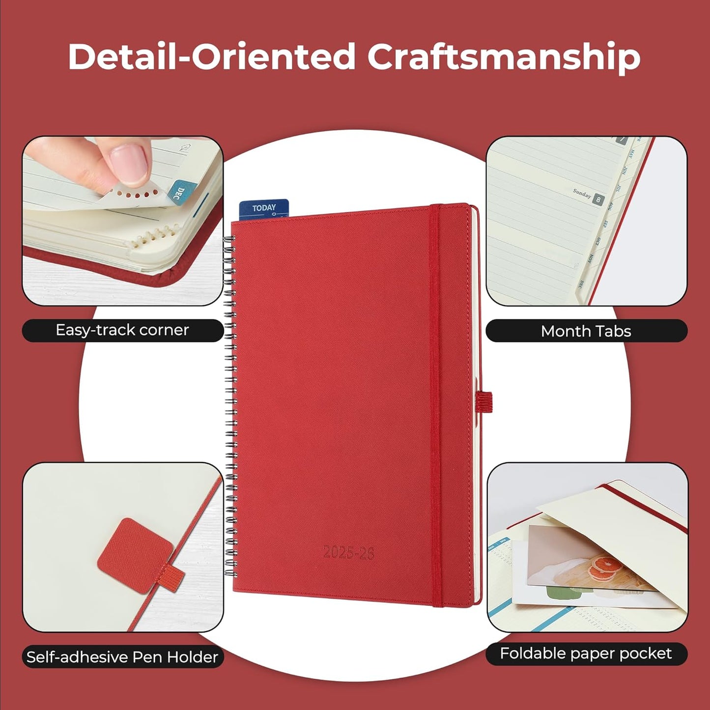 Planner 2025-2026 Daily Weekly and Monthly,11.5"x8.5",18 Months Spiral Bound Calendar Agenda with Self-adhesive Pen Holder,2026 Academic Plan with Vegan Leather Soft Cover,Red