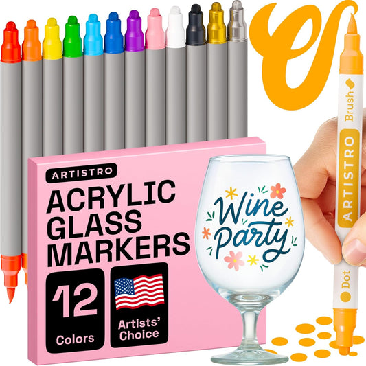 ARTISTRO 12 Wine Glass Acrylic Paint Markers - Washable Non-Toxic Dual Tip Acrylic Paint Pens for Car Window, Mirror, Ceramic