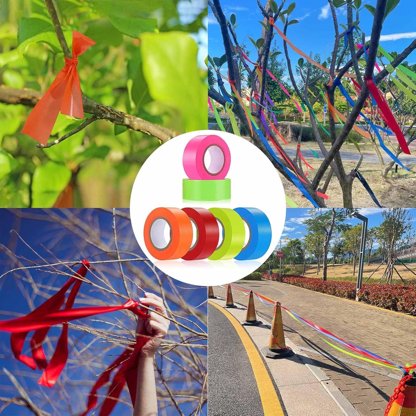 6 Pack Flagging Tape Assorted Colors, Non-Adhesive Plastic Ribbon Neon Marking,1"*600ft, Marking Tape for Tree Marking,Hunting,Boundaries and Hazardous Areas,Trail Marking