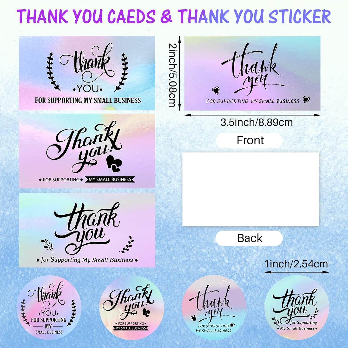 1120 Pcs Thank You Cards and Stickers Set, Include 120 Business Card 1000 Roll Labels Thank You for Supporting My Small Business Stickers Package Insert(Holographic Style)