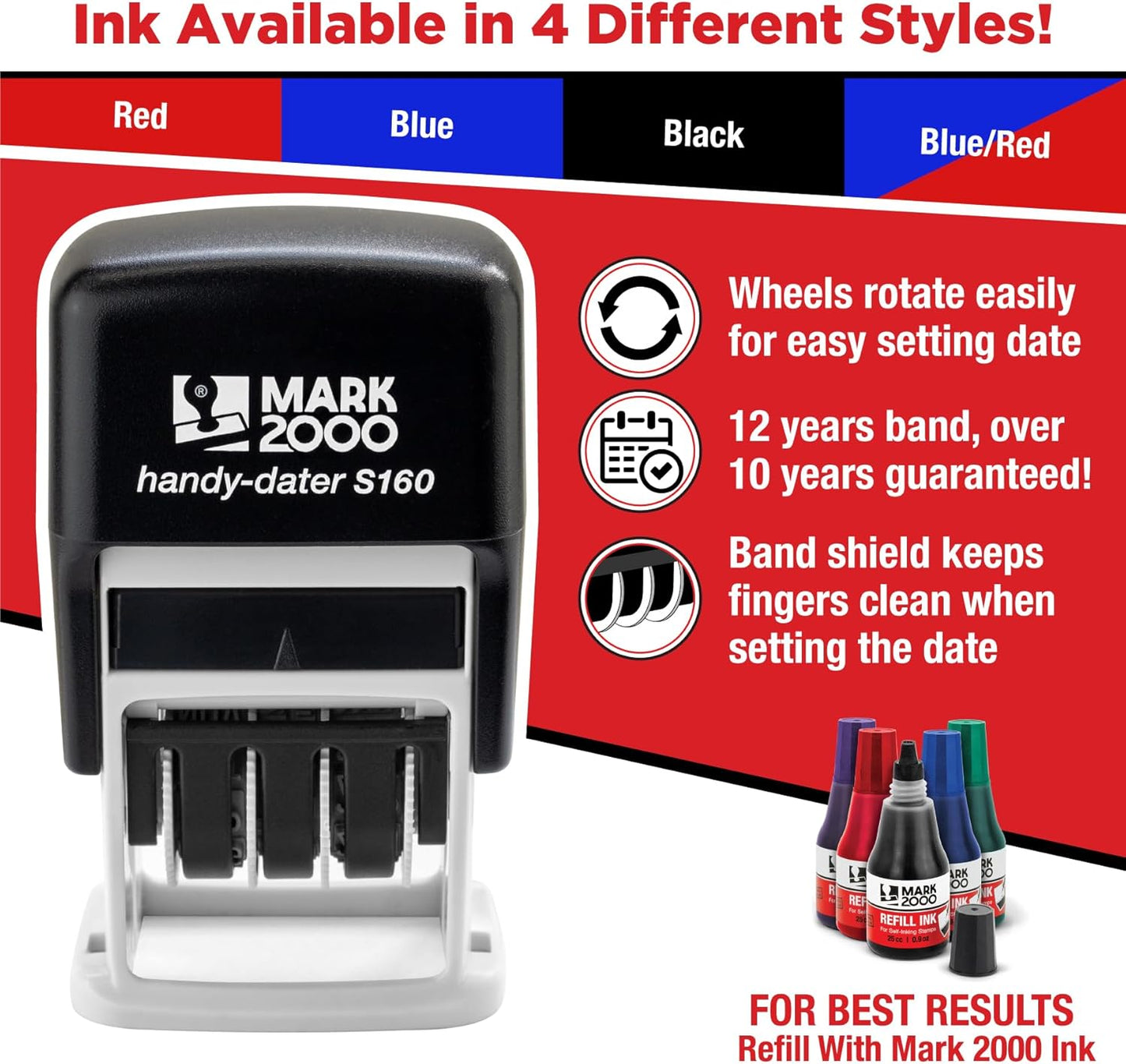 Mark 2000 Self-Inking Rubber Date Office Stamp with Mailed Phrase & Date - Red Ink (Handy-Dater S160), 12-Year Band