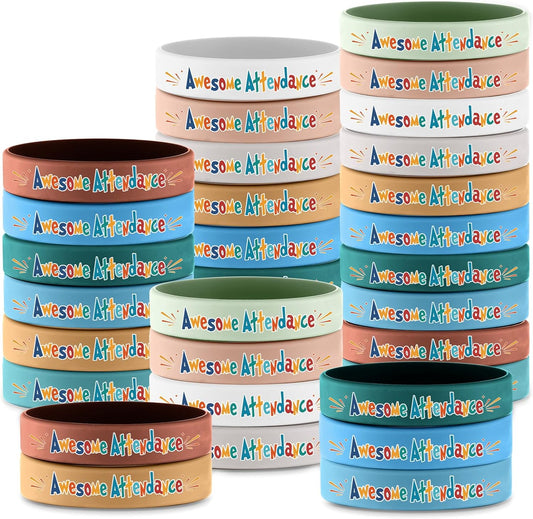 100 Pcs Awesome Attendance Wristbands for Students, Perfect Attendance Awards for Classroom Prizes, Unisex Stretch Silicone Motivational Wristbands for Student from Teacher Classroom Prizes