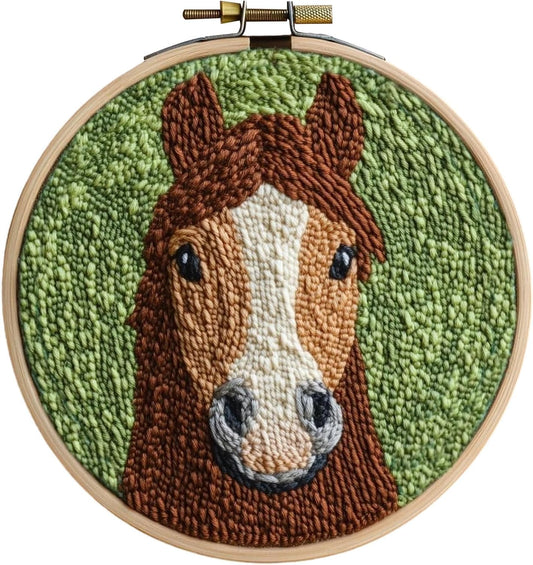 Punch Needle Kits Adults Beginner, Cute Cartoon Highland Cow with Daisy Flower for Beginners, Punch Needle Starter Craft Set with 20cm Hoop, Perfect for Festival Gift and Decoration (Horse)