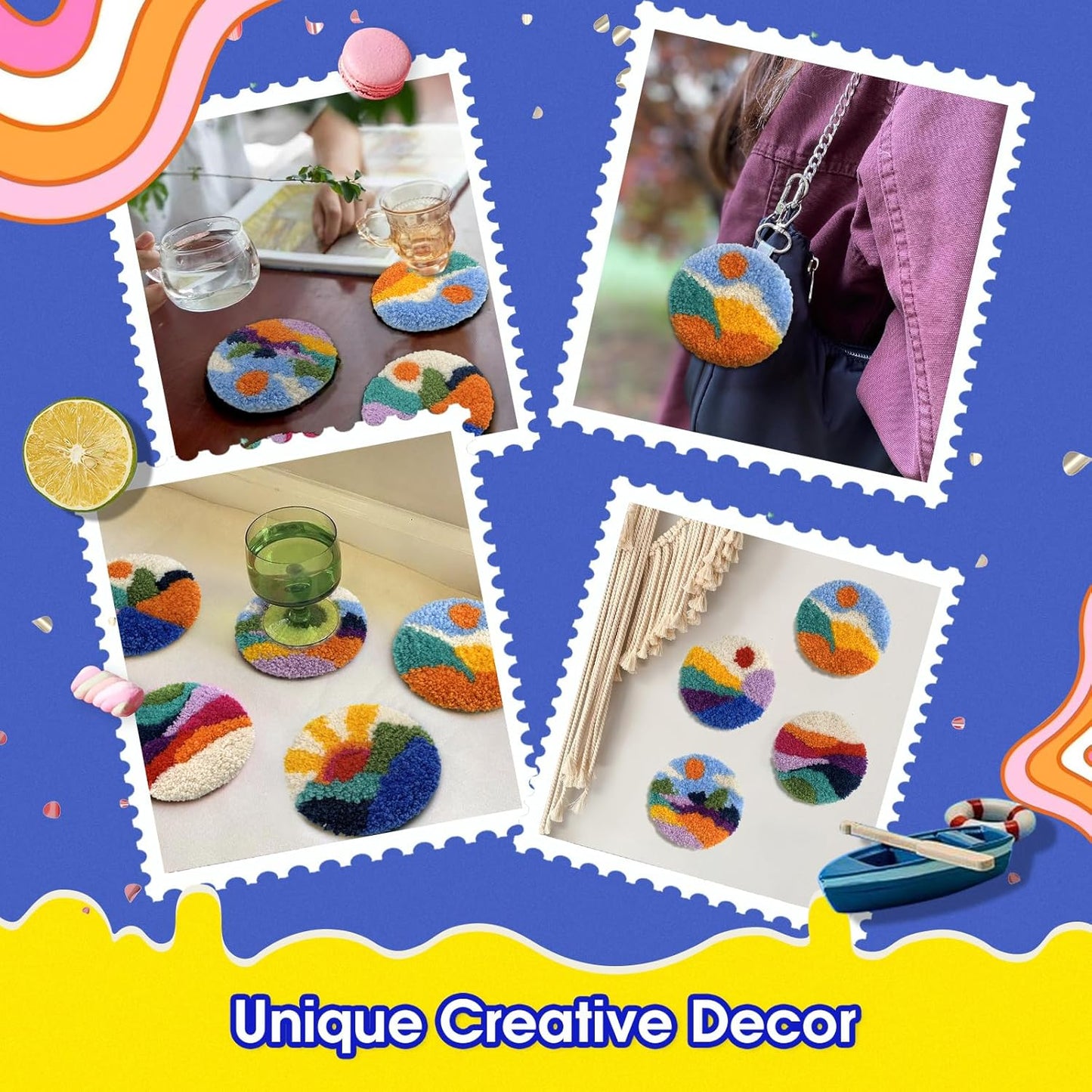 yuegool 6PCS Landscapes Punch Needle Coasters Kit,Easy DIY Punch Needle Embroidery Kit for Beginners Adults Kids Including Patterns, Tools, Yarns, Hoop, Instruction, Coaster Holder Art Craft Supplies