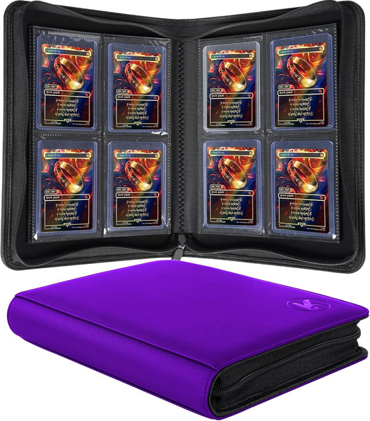 Toploader Binder, Holds 128+ Toploaders, 4 Pocket Top Loader Card Storage Case, Double-Sided Pockets for trading card in 3 x 4'' Toploaders (Pueple)