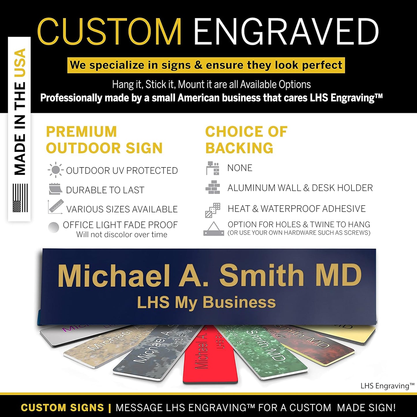 Engraved Custom Door Plate Navy Blue Plastic Office Door Sign with Gold Letters - Made in USA 2x4 B10