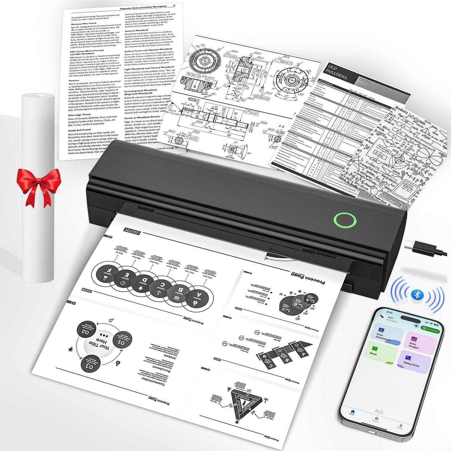 Portable Printers Wireless for Travel, Bluetooth Thermal Printer Supports 8.5" x 11" US Letter & A4 Size, Inkless Mobile Printer Work with Android iPhone Laptop for Home Office School, Black