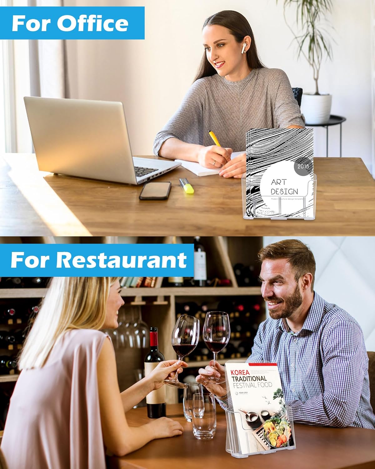 Acrylic Brochure Holder 8.5 x 11 Inch, 2 Packs Acrylic Sign Holder, Brochure Display Stand, Flyer Holder, Magazine Holder, Pamphlet Paper Literature Holder, Menu Stand For Desk or Wall Mount