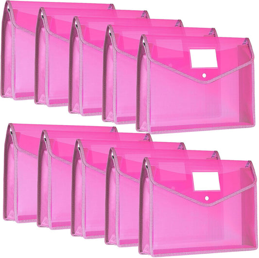 10 Pieces Plastic File Folders Envelope Expanding File Wallet Organizer Documents Folder with Snap Closure and Pocket, A4 Size Waterproof Transparent Pouch(Pink,Horizontal)