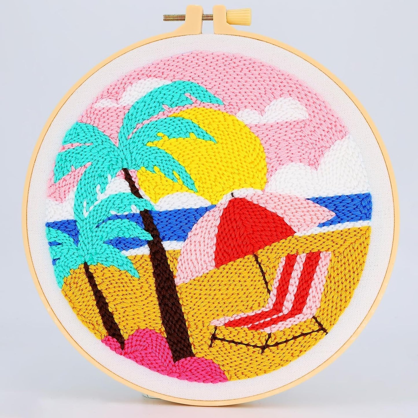 ILYUFO Punch Needle Kits Adults Beginner DIY Dreamy Beach Style 8 in Hoop Embroidery Set Starter Punch Needle Tool for Art Crafts, Ideal for All Ages, Perfect Festival Decoration & Gift (Dream Beach)