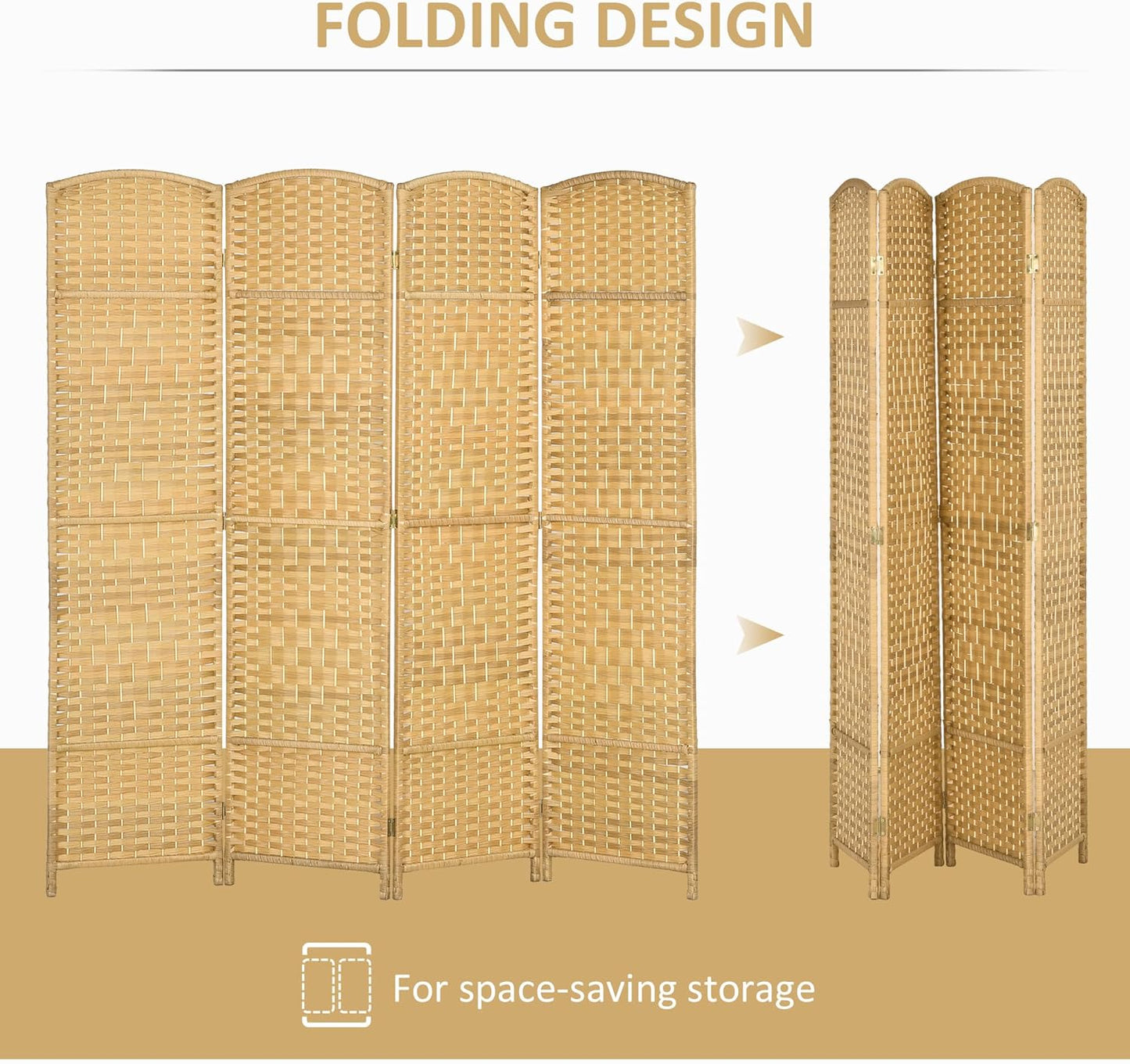 HOMCOM 4 Panel Room Divider, 6' Tall Folding Privacy Screen, Hand-Woven Freestanding Wood Partition for Home Office, Bedroom, Nature Wood