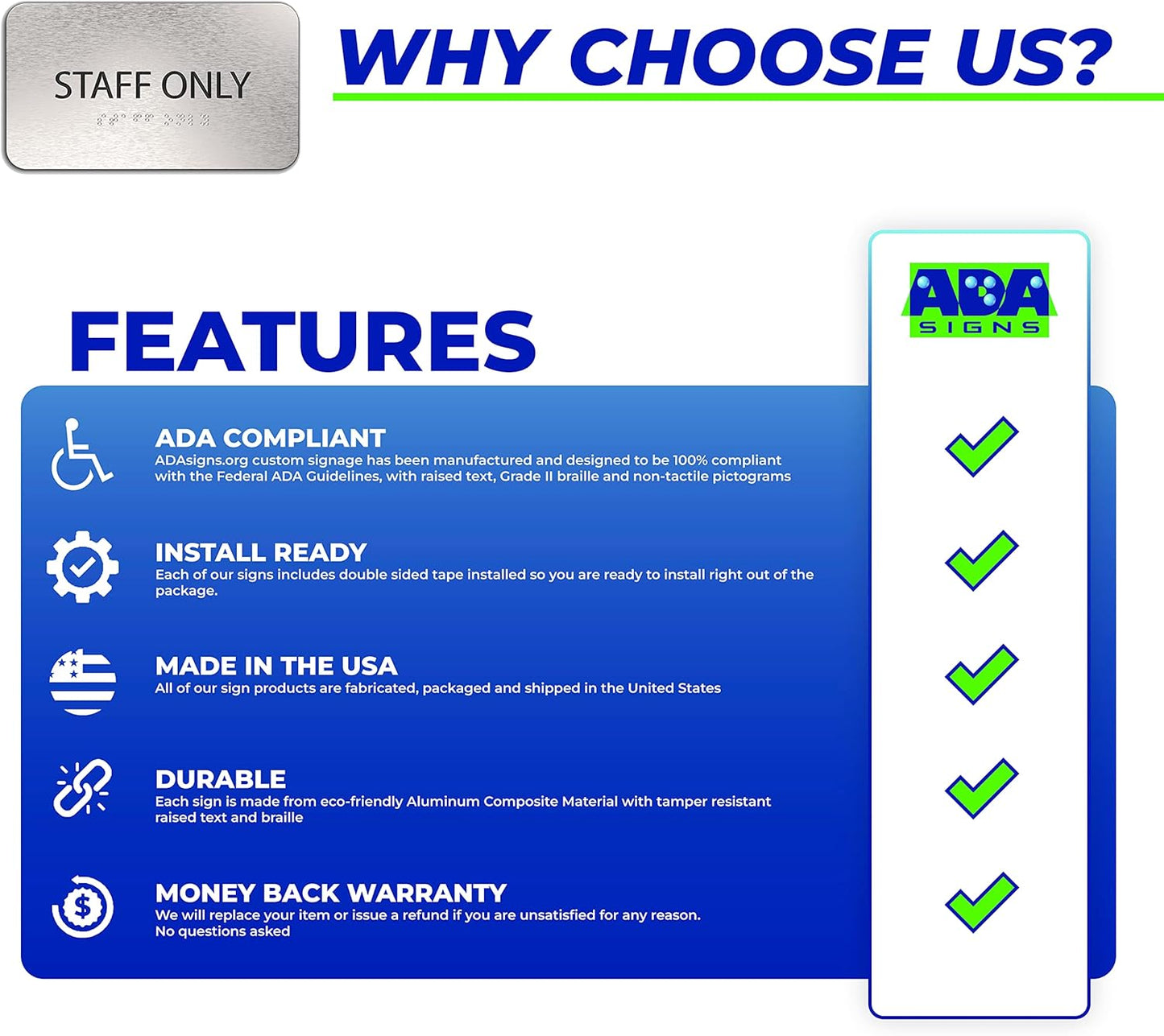 ADASigns Staff Only Sign 7" W x 4" H - Durable Brushed Aluminum with Grade 2 Braille - Easy Installation with Strong Double Sided Tape - ADA Compliant Office Door Signs for Businesses & Offices