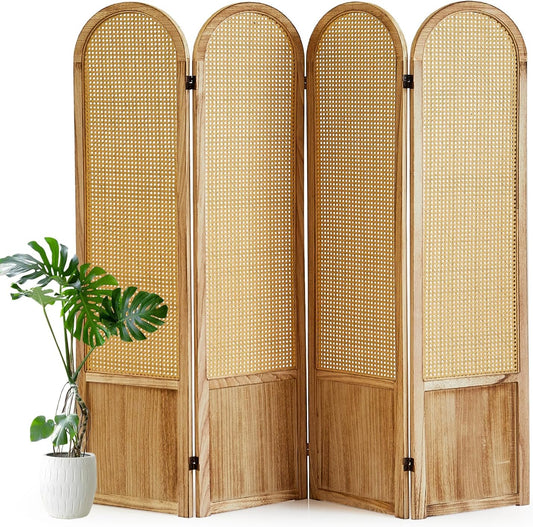4 Panel Room Divider and Folding Privacy Screen, 5.6 Ft Foldable Double Hinged Rattan Partition, Hand-Woven Rattan Room Divider Portable Wood Freestanding Wall Divider for Room Separation - Natural