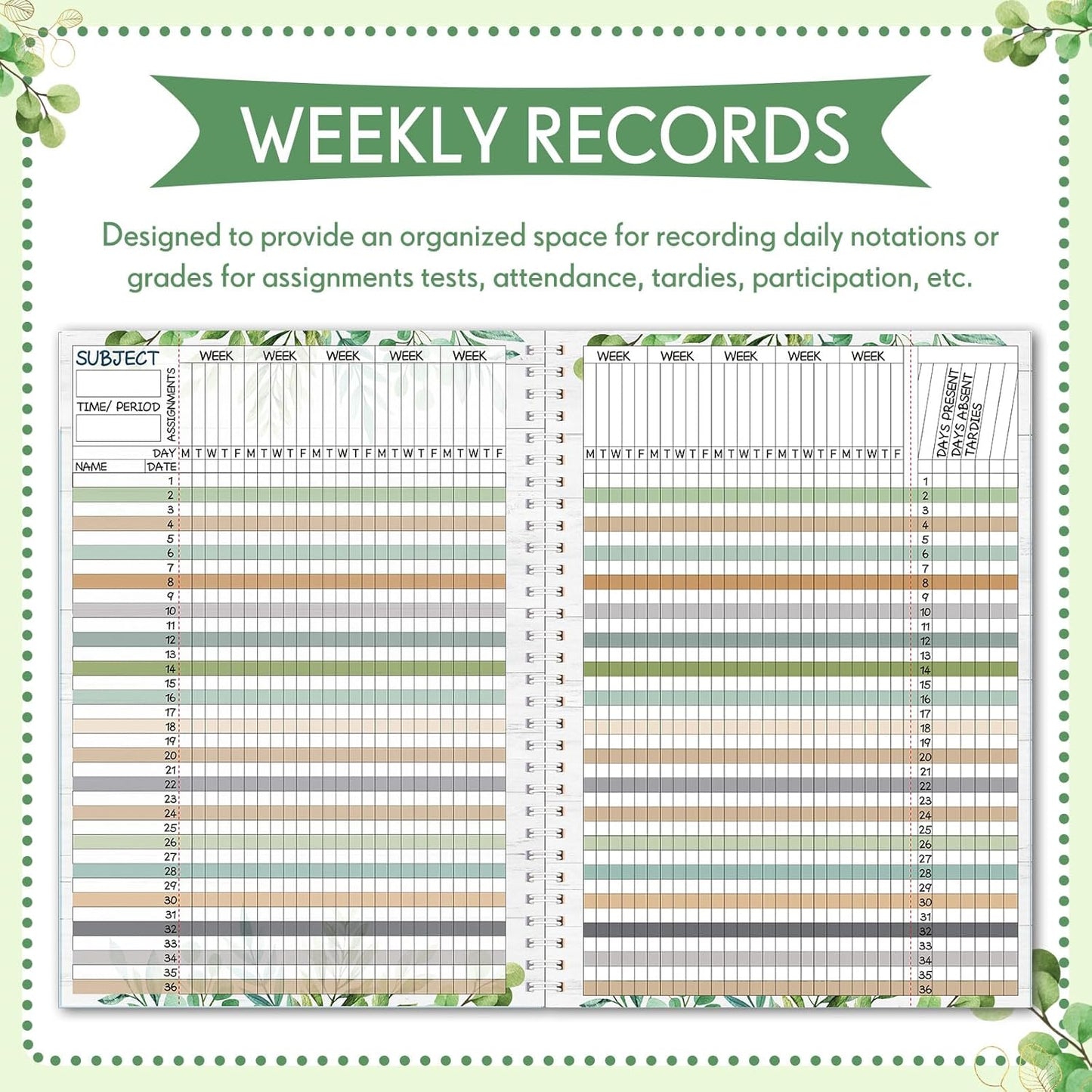 Teacher Record Book Teacher Grade Books 2025-2026 Spiral Bound Record Class Grade Book Office Favors Gift for Classroom Attendance Supplies Decoration Double Sided(Boho Plant)