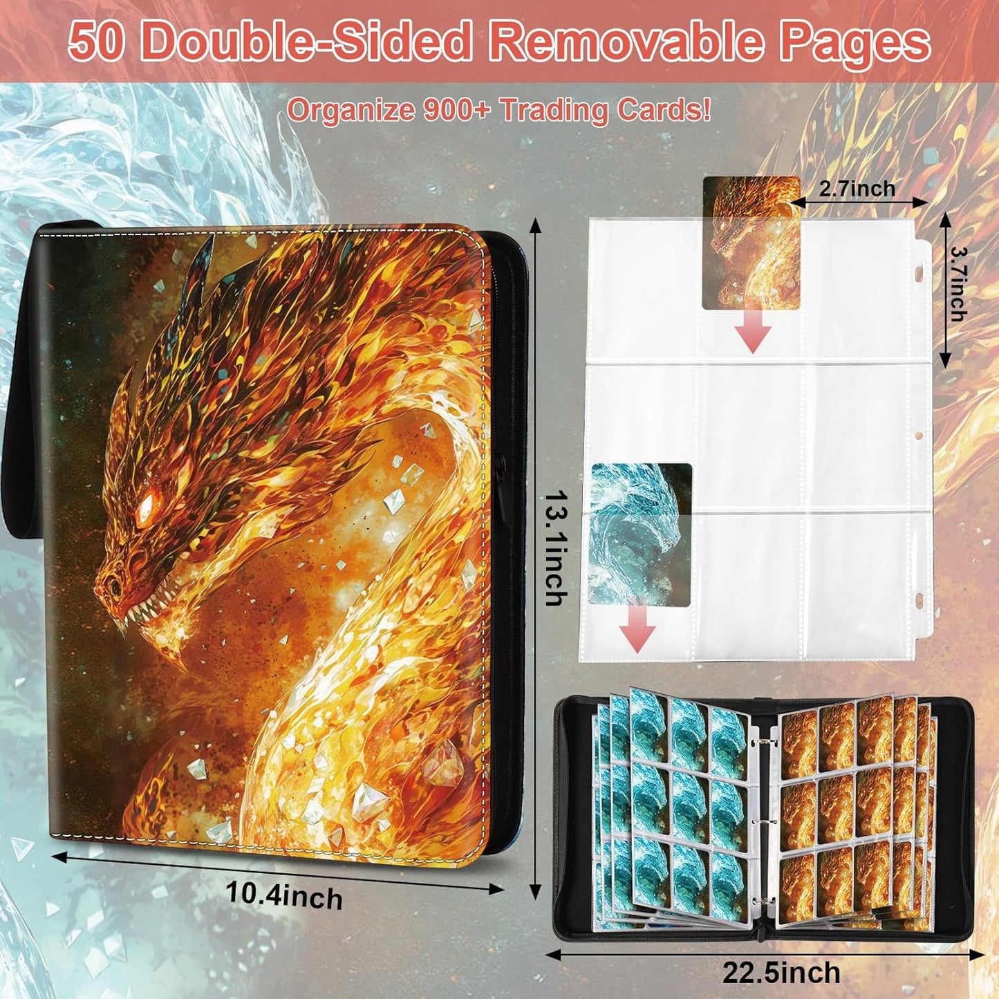 Dragon 9 Pocket Trading Card Binder Album, Holds 900 Cards with 50 Removable Double-Sided Sleeves, Waterproof PU Leather Zipper Binder for TCG, MTG, Sports Cards
