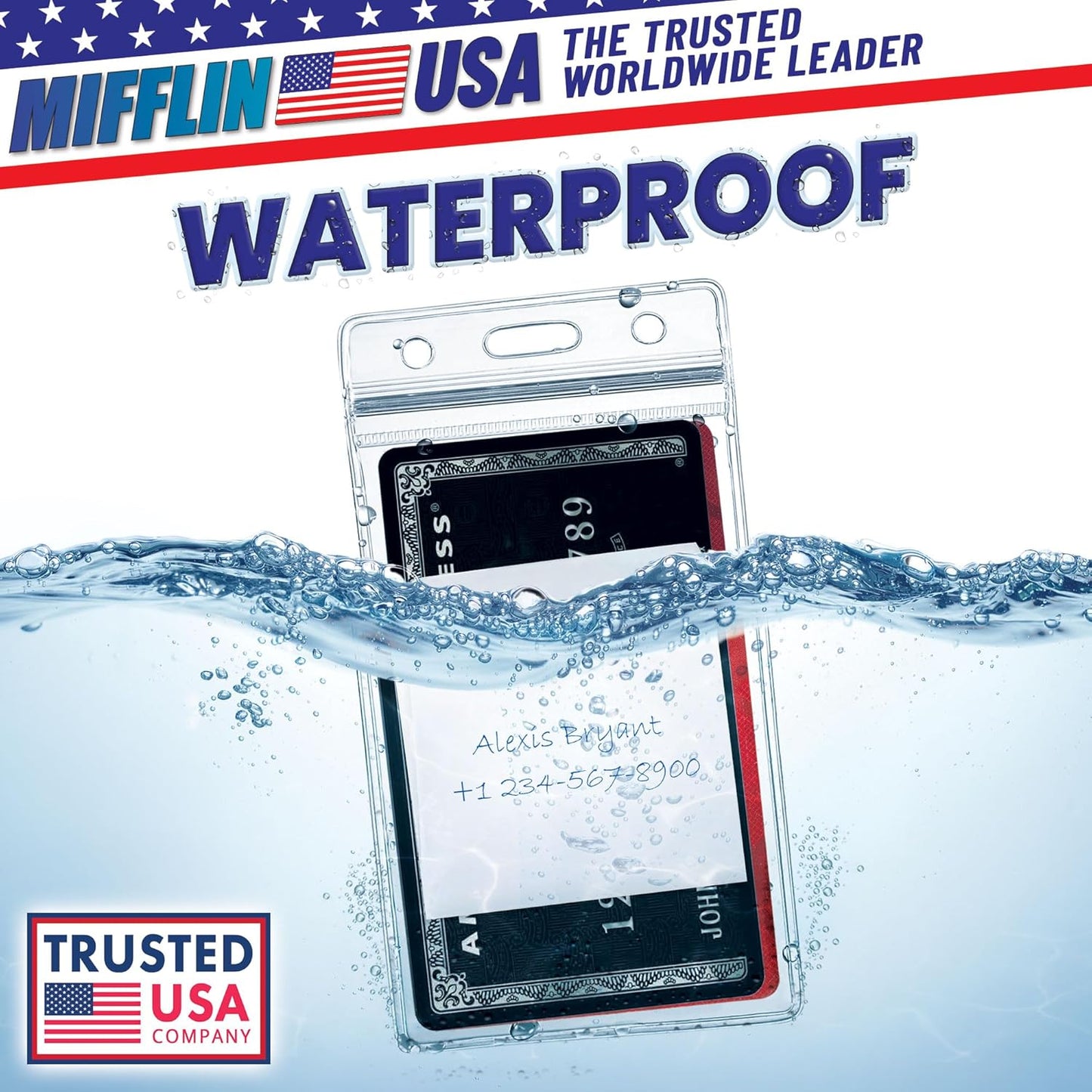 Mifflin-USA Plastic Waterproof ID Badge Holders (Clear, 2.25x3.5 Inch, 10 Pack), Vertical Hanging Name Card Holder with Zipper, Resealable Bulk Nametag Holders