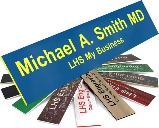 Engraved Door Signs for Office Personalized Blue Plastic Door Plaque with Yellow Letters - Made in USA 2x8 B20