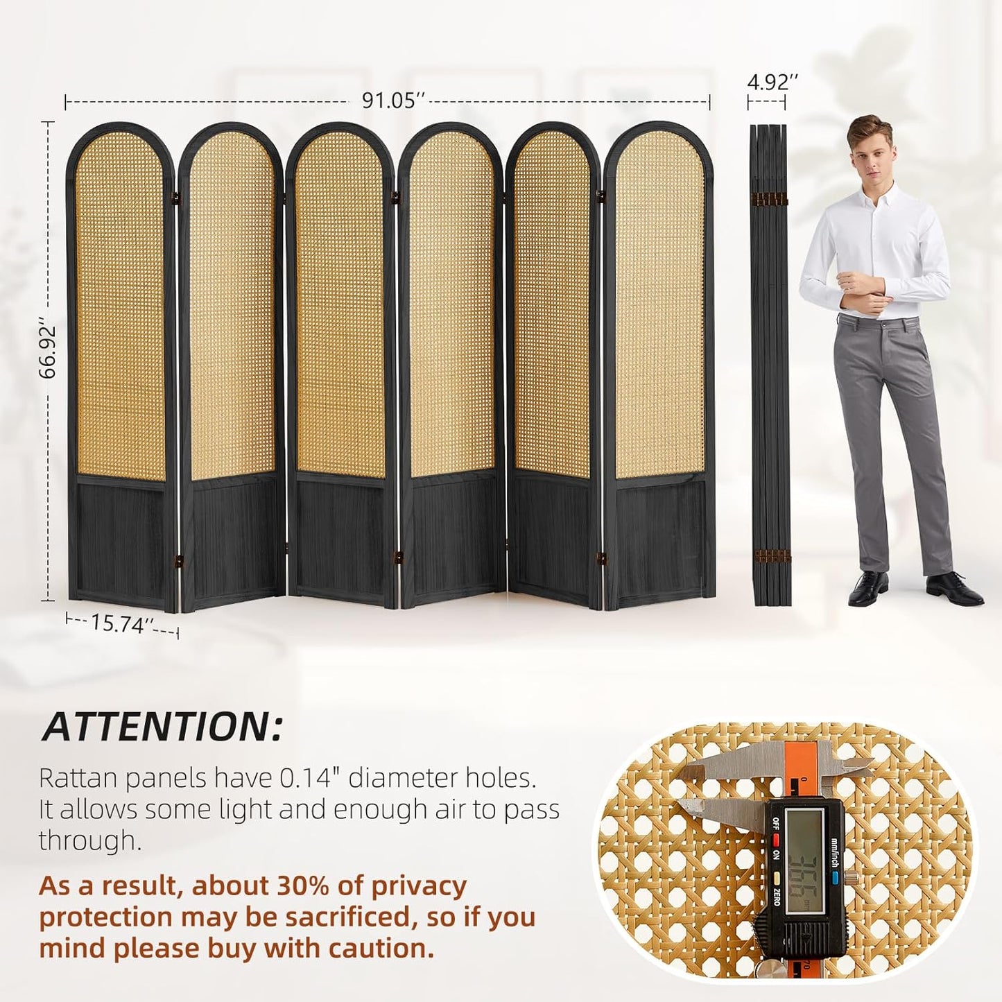 6 Panel Room Divider and Folding Privacy Screen, 5.6 Ft Foldable Double Hinged Rattan Partition, Hand-Woven Rattan Room Divider Portable Wood Freestanding Wall Divider for Room Separation - Black