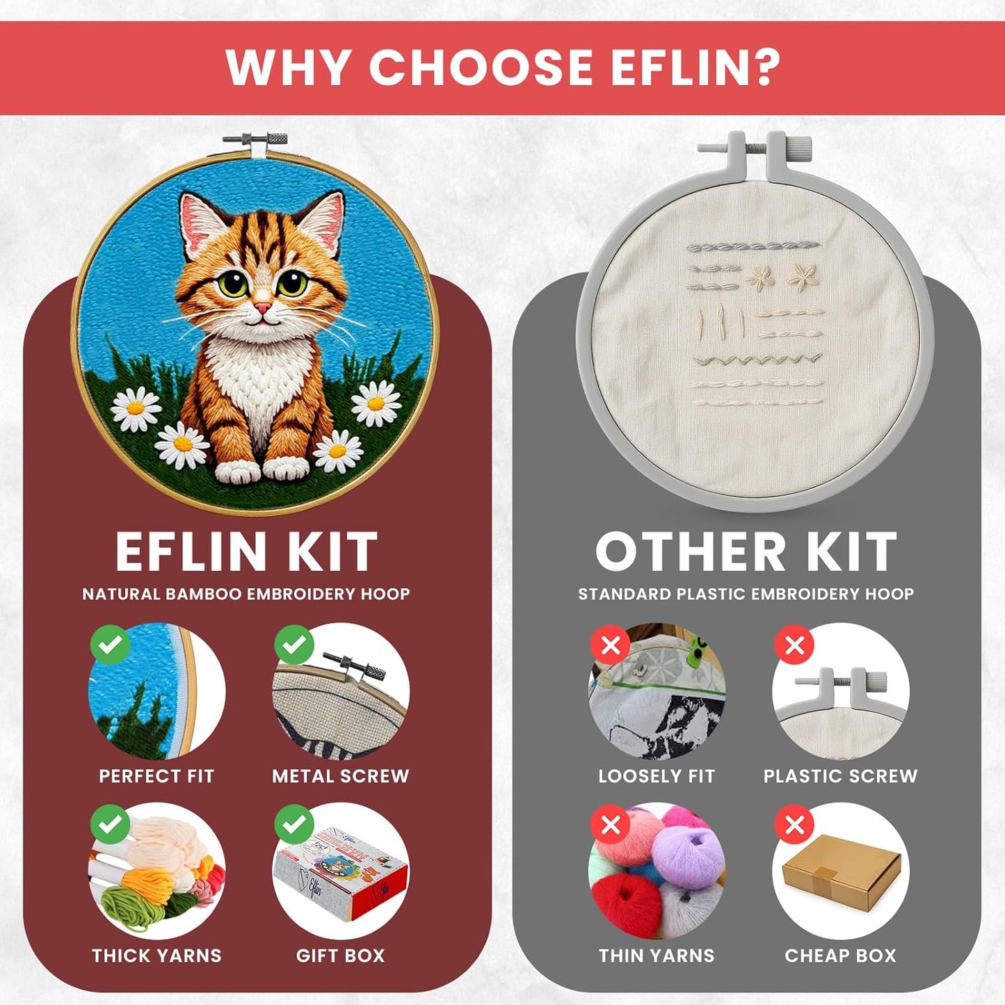 Eflin Punch Needle Kits Adults Beginner - Needlepoint Kits for Adults, Cute Cat & Daisy Pattern, Natural Bamboo Hoop, Yarns, Tools, Craft Kits for Beginners, Rare Gift for Crafts, Decors, Festivals