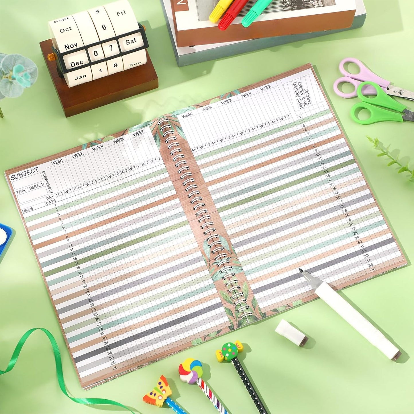 Teacher Record Book Teacher Grade Books 2025-2026 Spiral Bound Record Class Grade Book Office Favors Gift for Classroom Attendance Supplies Decoration Double Sided(Boho Plant)