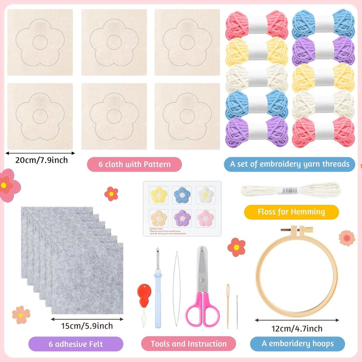 WATINC Flower Punch Needle Coaster Kit - 22Pcs Crafts Punch Needle Coasters Kits for Beginners, Flower Pattern Coaster Tufted Rug Pads with Adhesive Felt Yarns Embroidery Hoop Instruction (Macaron)