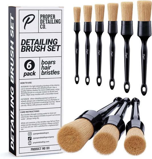 Car Detailing Brush Set, Premium Quality Soft Boars Hair Bristles, Clean Auto Interior (Leather Seats, Air Vents) or Exterior (Wheels, Paint, Emblems) Detail Brushes Car Detailing Pro Pack (6 Pack)