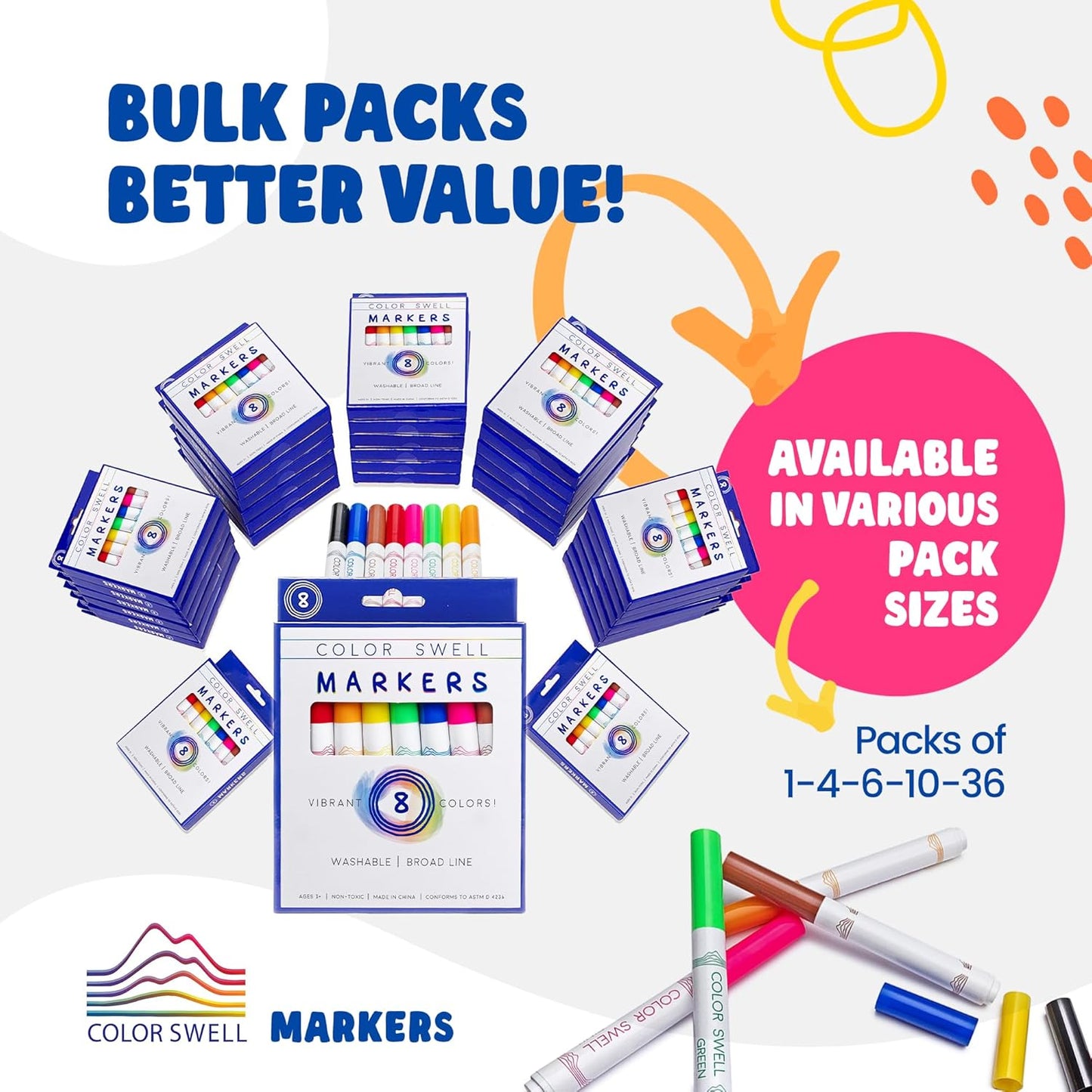 Color Swell Washable Bulk Markers 10 Boxes of 8 Vibrant Colors Are Perfect for Teachers, Kids, Parties, and Classrooms