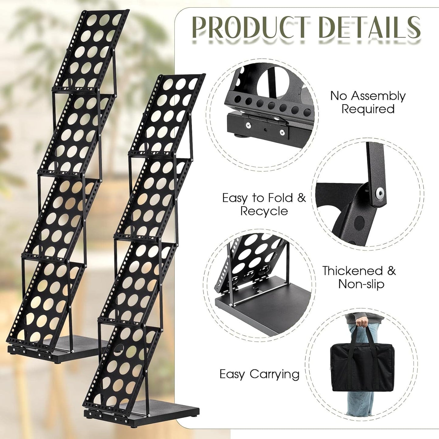 Tatuo 2 Pieces Foldable Magazine Rack Metal Catalog Literature Rack Portable 4 Pockets with Carrying Bag Brochure Stand Literature Display Holder Stand for Exhibition Trade Show