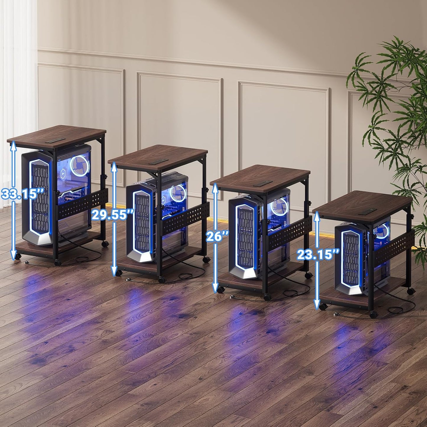 Computer Tower Stand with Power Strips, 4 Levels Manual Height Adjustable PC Tower Stand for Under Desk, Mobile Rolling CPU Holder, Computer Cart with Wheels, 24", Black Walnut