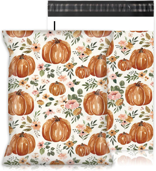 100Pcs Fall Poly Mailers 10 x 13 Inch Watercolor Floral Pumpkin Packagaing Bags Autumn Self Seal Mailing Envelope Bags for Harvest Thanksgiving Small Business Clothing