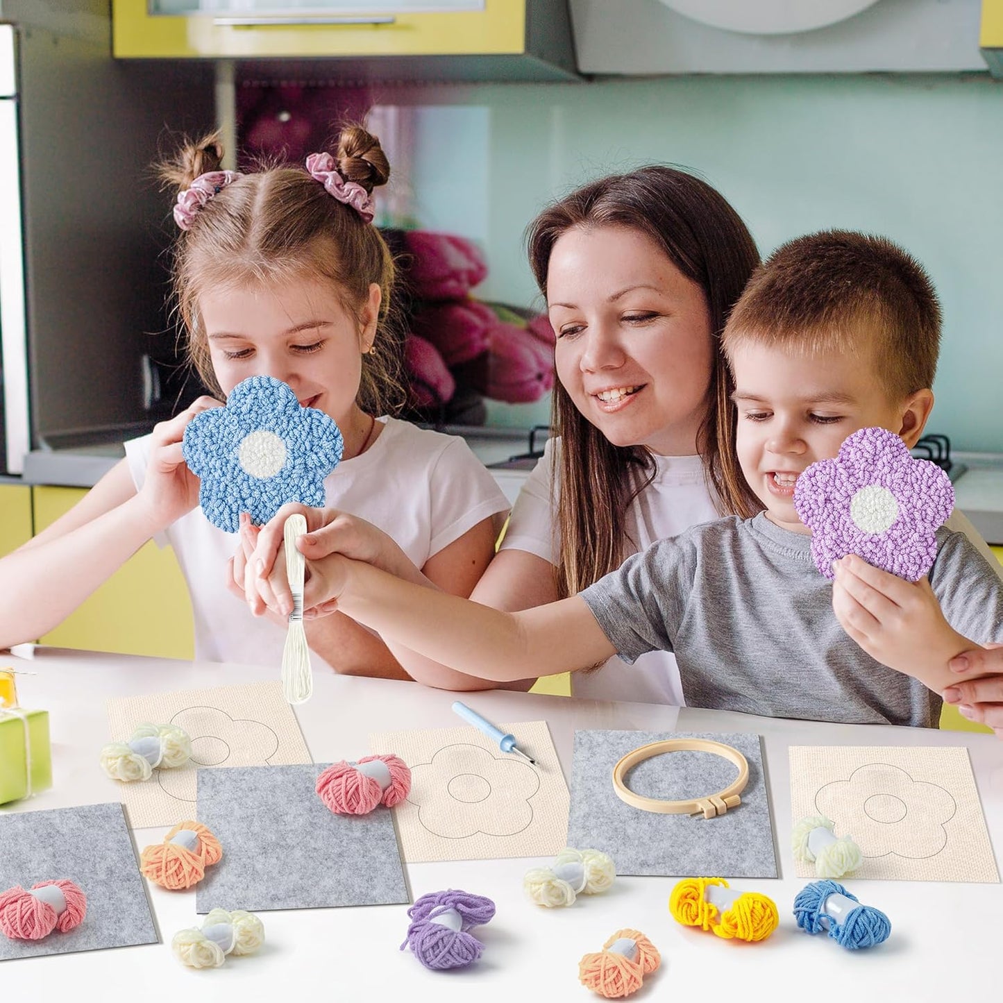 WATINC Flower Punch Needle Coaster Kit - 22Pcs Crafts Punch Needle Coasters Kits for Beginners, Flower Pattern Coaster Tufted Rug Pads with Adhesive Felt Yarns Embroidery Hoop Instruction (Macaron)