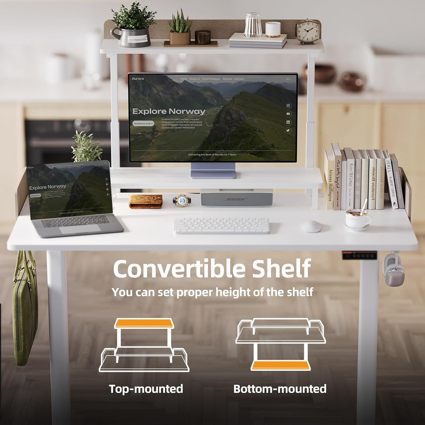 Claiks Adjustable Height Standing Desk, 55 x 24 Inches Electric Stand Up with Monitor Shelves Computer Desk Workstation for Home Office, White