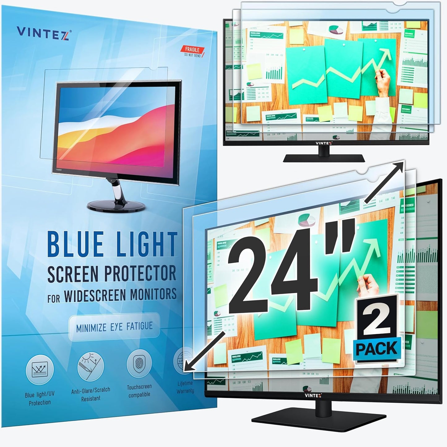 24 inch Anti-Glare Blue Light Blocking Screen Protector Panel for 16:9 Widescreen Computer Monitor and Laptop - PC Anti-UV Eye Protection Filter Film - Anti-Scratch Diagonal Frame Shield [2 Pack]
