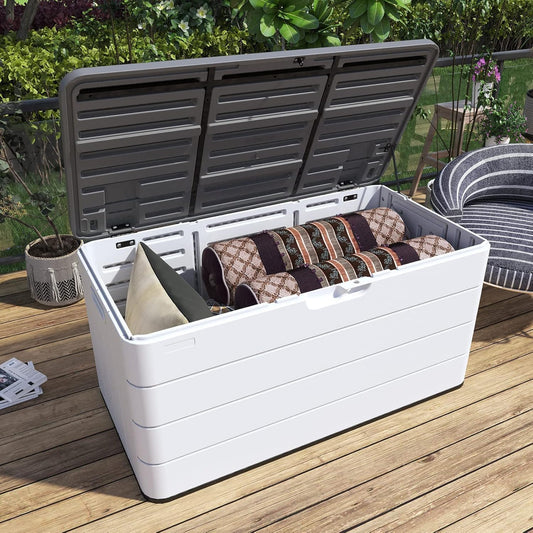 Heavy-Duty 100 Gallon Outdoor Storage Box - Waterproof Deck Box & Large Storage Bin for Patio/Pool, All-Weather Resin Chest with Lock, UV-Resistant, Alpine White