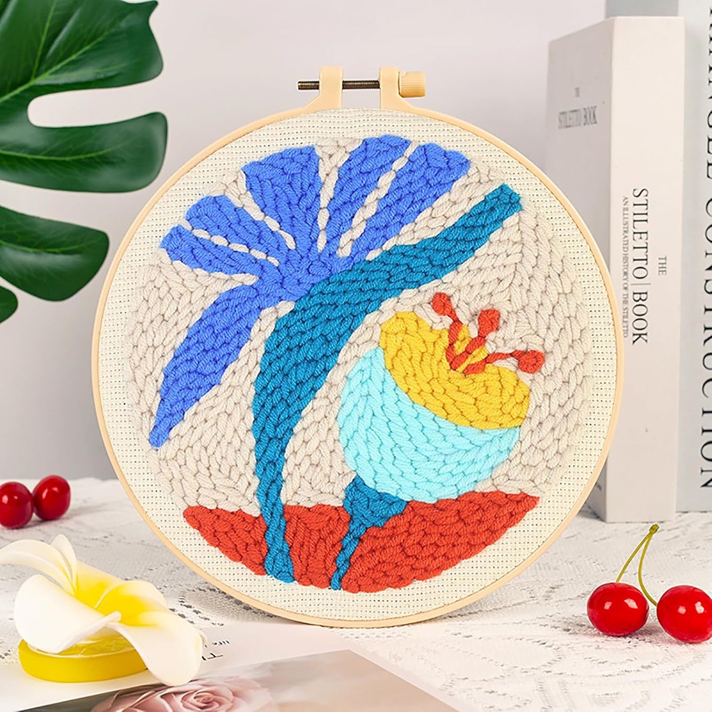 Punch Needle Kits Adults Beginner DIY Hawaiian Style 8 in Hoop Embroidery Set Starter Punch Needle Tool for Art Crafts, Ideal for All Ages, Perfect Festival Decoration & Gift (Sea Breeze and Flowers)