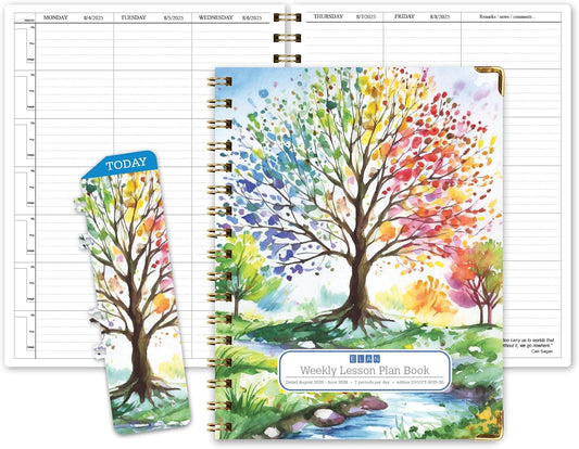 Elan Publishing Company HARDCOVER 7 Period Dated Teacher Lesson Plan; Days Horizontally Across The Top Dated for 2025-2026 Academic Year with Bonus Clip-in Bookmark (Tree Seasons)