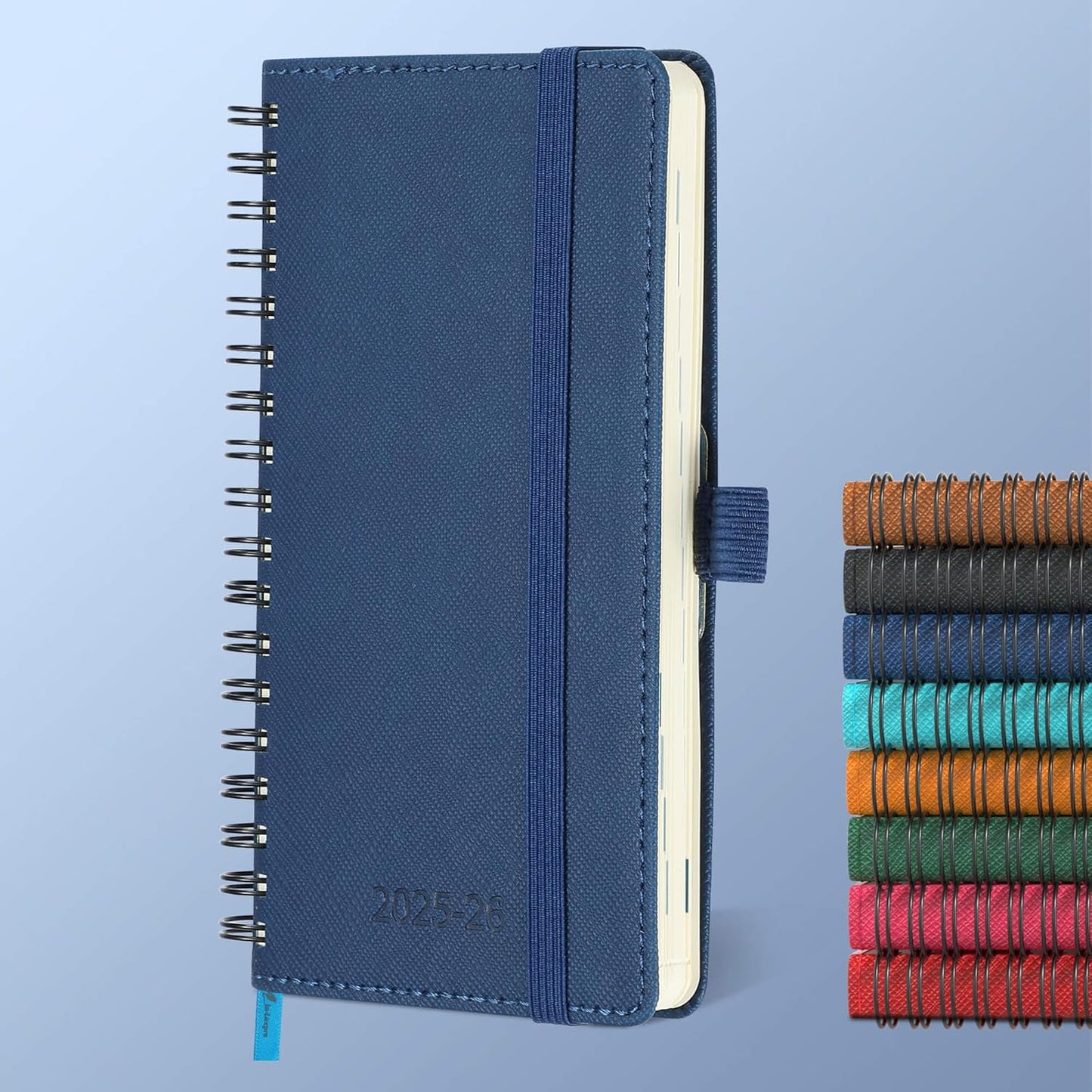 Planner 2025-2026 Daily Weekly and Monthly,6.5"x3.75",18 Months Spiral Bound Calendar Agenda with Self-adhesive Pen Holder,2026 Academic Plan with Vegan Leather Soft Cover,Blue