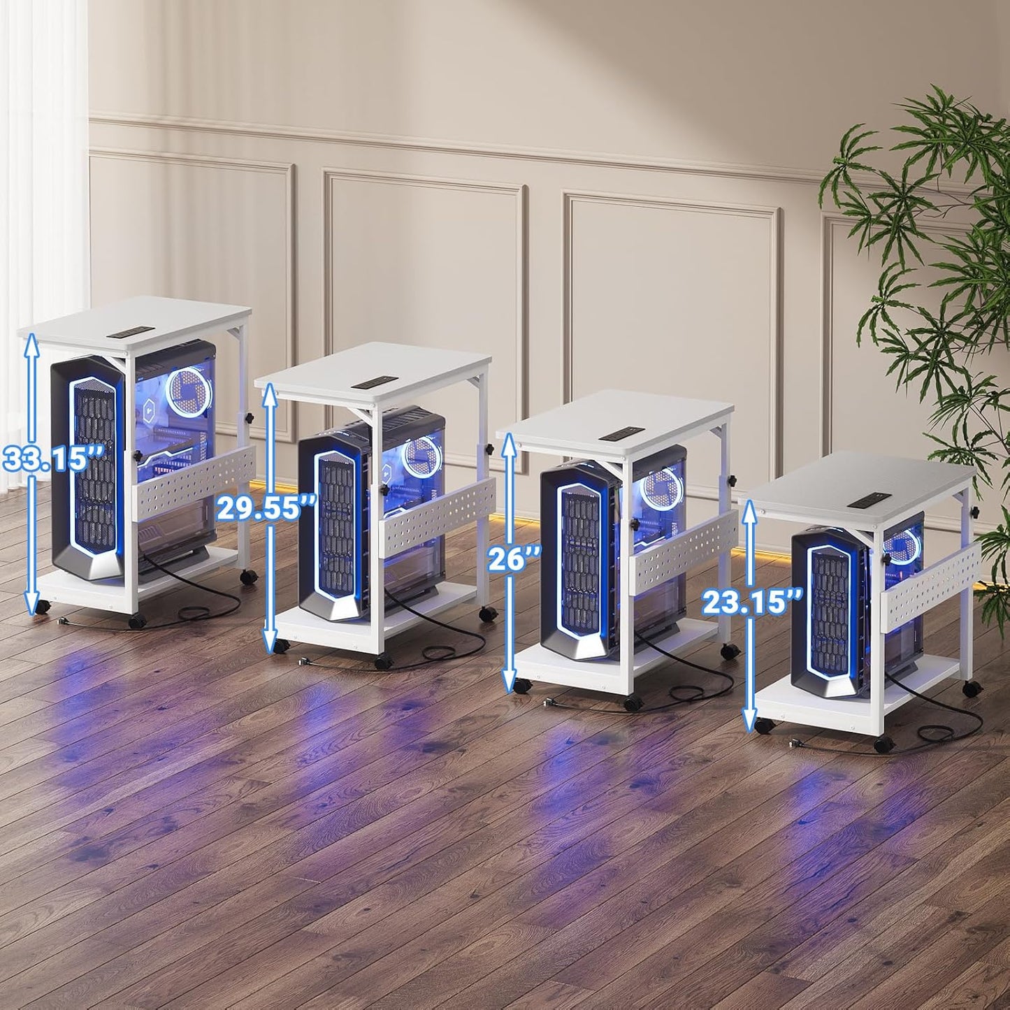 Computer Tower Stand with Power Strips, 4 Levels Manual Height Adjustable PC Tower Stand for Under Desk, Mobile Rolling CPU Holder, Computer Cart with Wheels, 24", Carbon Fiber White