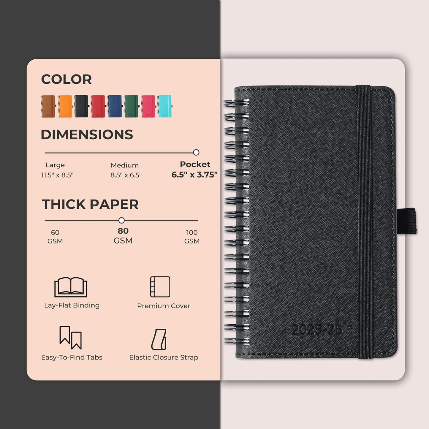 Planner 2025-2026 Daily Weekly and Monthly,6.5"x3.75",18 Months Spiral Bound Calendar Agenda with Self-adhesive Pen Holder,2026 Academic Plan with Vegan Leather Soft Cover,Black