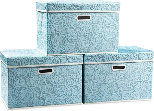 PRANDOM Larger Collapsible Storage Cubes with Lids Fabric Decorative Storage Bins Boxes Organizer Containers Baskets with Cover Handles for Bedroom Closet Living Room Blue 17.7x11.8x11.8 Inch 3 Pack