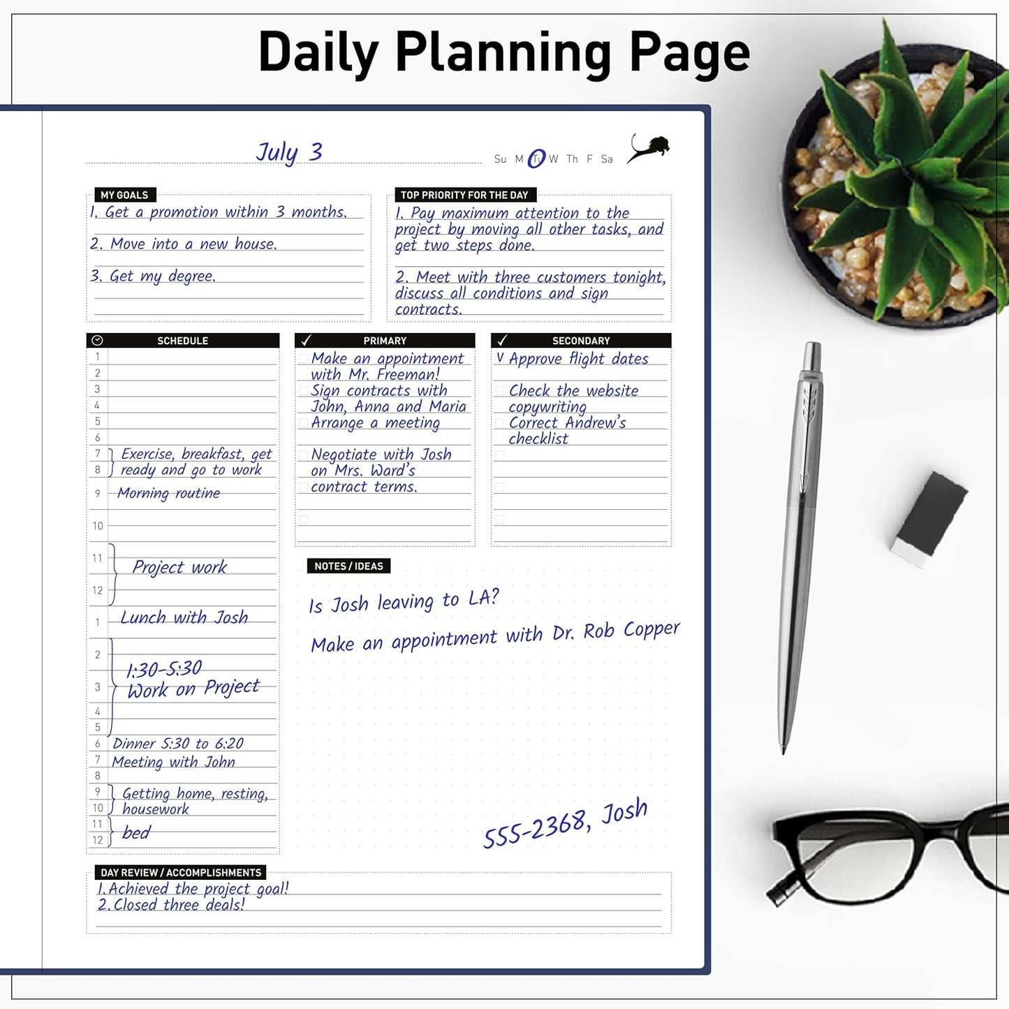 Day Planner - Professional Goal Planner, Calendar & Gratitude Journal to Increase Productivity, Time Management & Happiness - Vegan Leather Softcover, 24 Hourly Planner, Undated 6 Months Work Planner