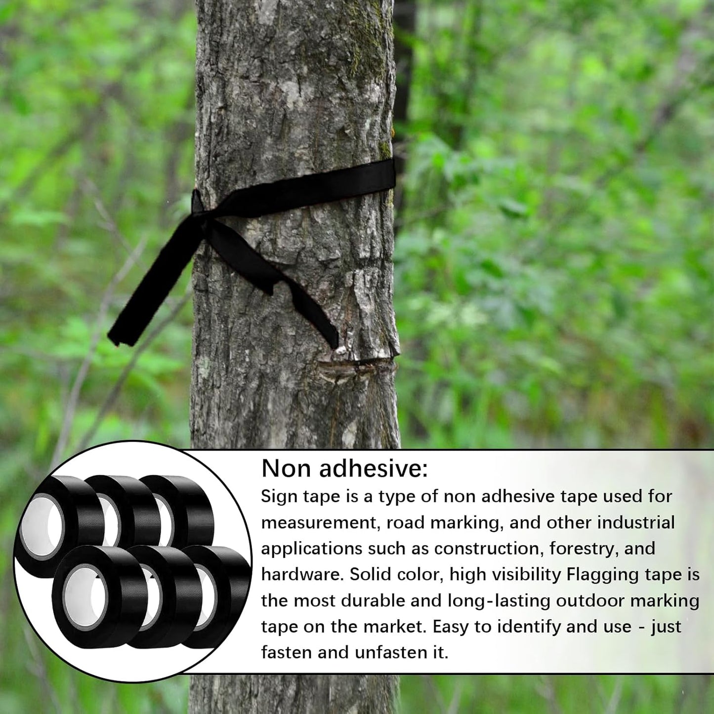 6 Pack Black Flagging Tape, Non-Adhesive Plastic Ribbon Neon Marking Roll, 1"*600ft, Marking Tape for Tree Marking, Hunting, Boundaries and Hazardous Areas,Trail Marking