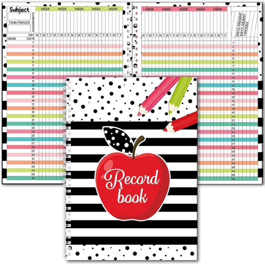 Teacher Record Book Teacher Grade Book Spiral Bound Record Class Gradebook Office Favors Gift for Classroom Attendance Supplies Decoration Double Sided Color Printing (Apple)