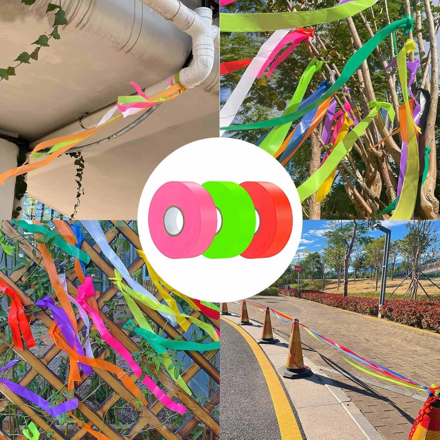 3 Pack Flagging Tape 3 Assorted Colors, Non-Adhesive Plastic Ribbon Neon Marking Roll, 1"*600ft, Marking Tape for Tree Marking, Hunting, Boundaries and Hazardous Areas,Trail Marking