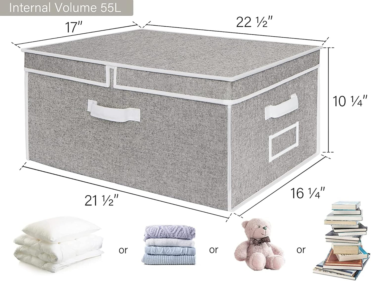 StorageWorks Extra Large Storage Bins with Lids, 55L Decorative Organizer with Divider Board, Fabric Boxes with Handles, Gray, 2-Pack