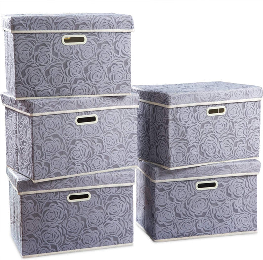 PRANDOM Large Storage Boxes with Lids [5-Pack] Fabric Decorative Storage Bins Cubes Organizer Containers Baskets with Handles for Closet Grey 17.5x11.8x11.8 In For 6+ Year Old Boys and Girls