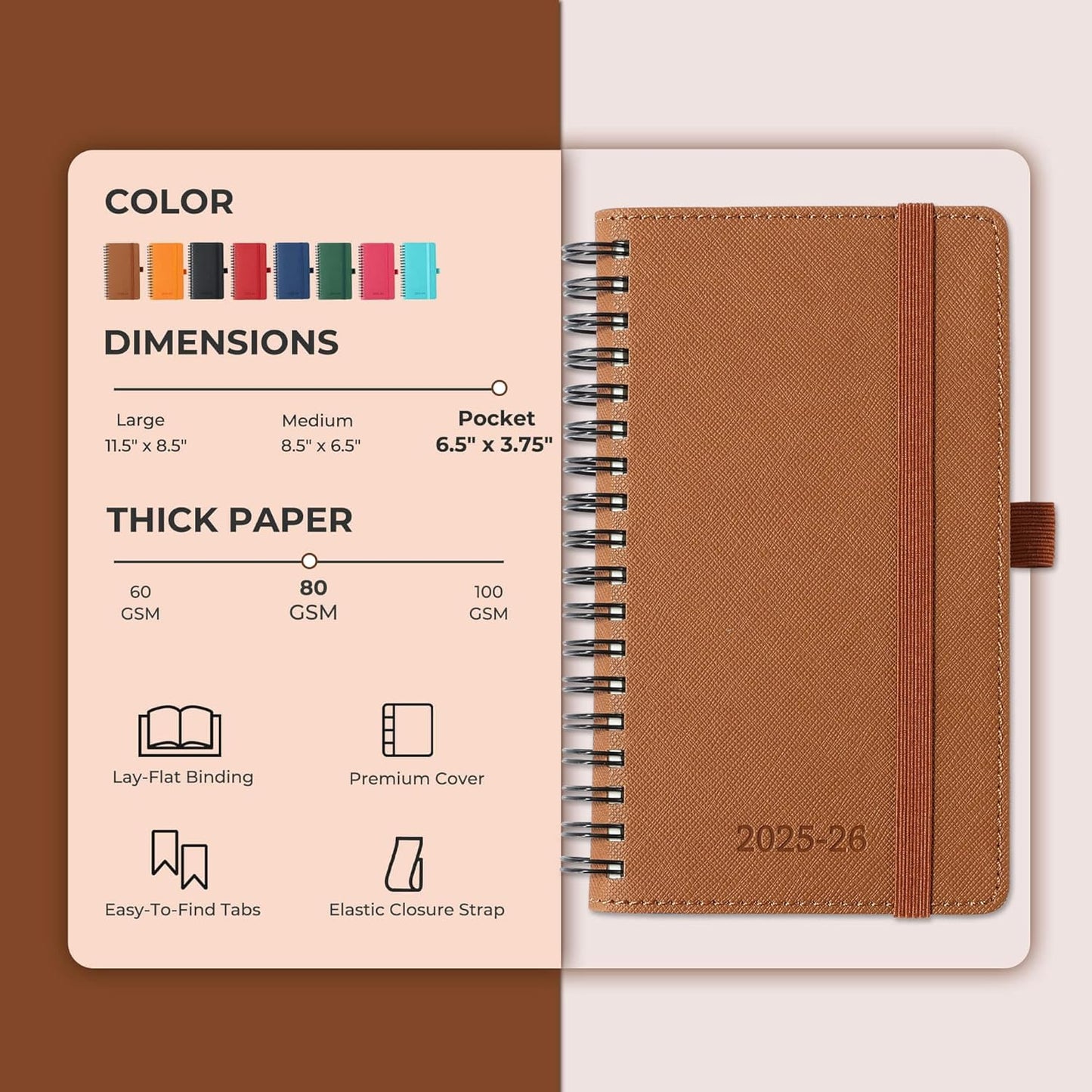 Planner 2025-2026 Daily Weekly and Monthly,6.5"x3.75",18 Months Spiral Bound Calendar Agenda with Self-adhesive Pen Holder,2026 Academic Plan with Vegan Leather Soft Cover,Brown
